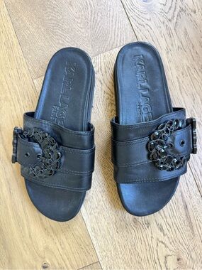 Karl Lagerfeld Black Leather Slide Sandals with Jeweled Buckles